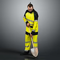 Man In Yellow Reflective Work Uniform Holding Shovel Standing Against Grey Background