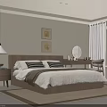 Modern Bedroom Interior With Wooden Headboard Nightstand Table Lamp Wall Art And Curtains
