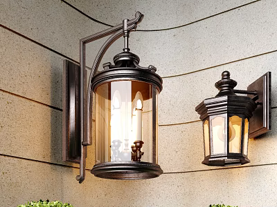 Vintage Metal Wall Lamps With Glass Shade Illuminated On Stone Wall 3d model