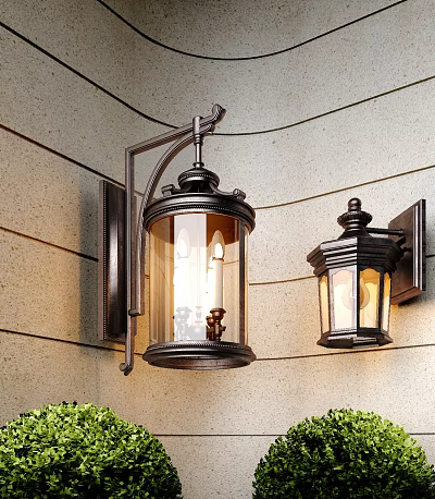 Vintage Metal Wall Lamps With Glass Shade Illuminated On Stone Wall 3d model