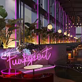 Funkytown Restaurant Interior With Purple Decor Hanging Signs Green Plants And Red Green Chairs