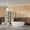 Modern Bathroom Interior Design With White Freestanding Bathtub Shower Partition Wall Mural And Pendant Light