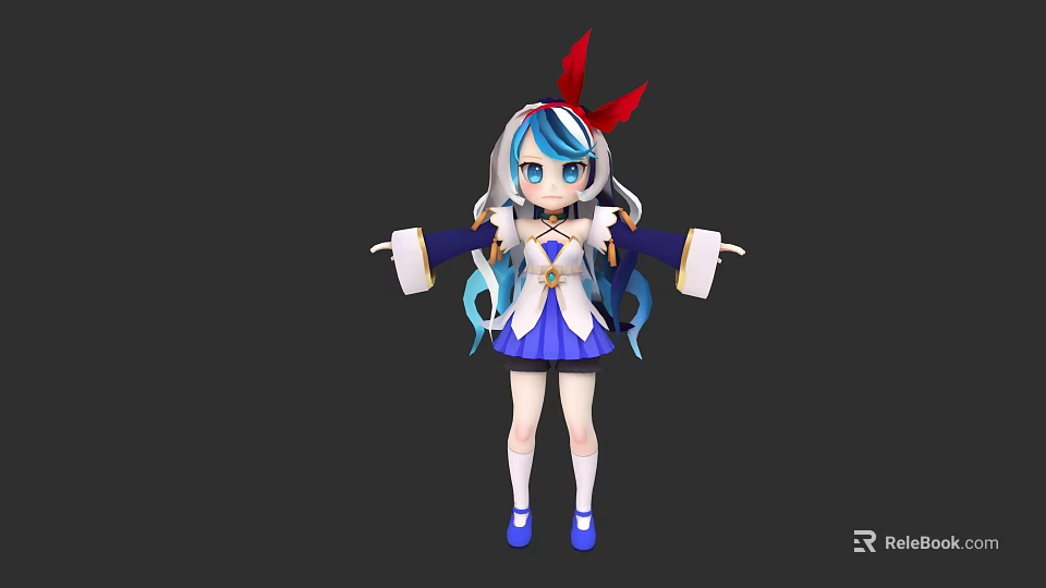 Anime 3D Game Movie Character With Blue White Hair Red Bow Blue Eyes Open Arms 3d model 