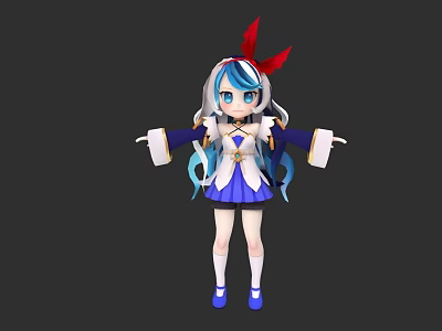 Anime 3D Game Movie Character With Blue White Hair Red Bow Blue Eyes Open Arms 3d model