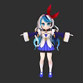 Anime 3D Game Movie Character With Blue White Hair Red Bow Blue Eyes Open Arms