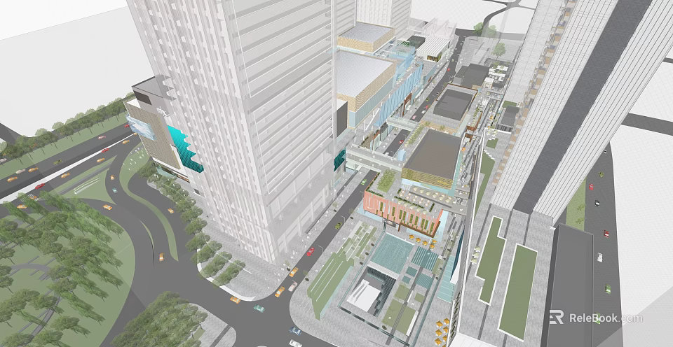Modern Commercial Complex With High Rise Buildings Connecting Walkways And Green Spaces 3d model 