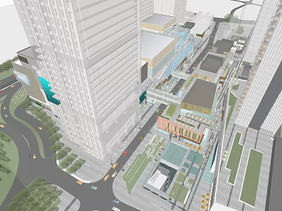 Modern Commercial Complex With High Rise Buildings Connecting Walkways And Green Spaces 3d model
