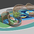 Children's Play Area With Wooden Wavy Structure Colorful Ground Climbing Elements And Trees