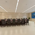 Modern Conference Room Featuring Long Table Multiple Chairs Large Screen Curtains And Indoor Plants