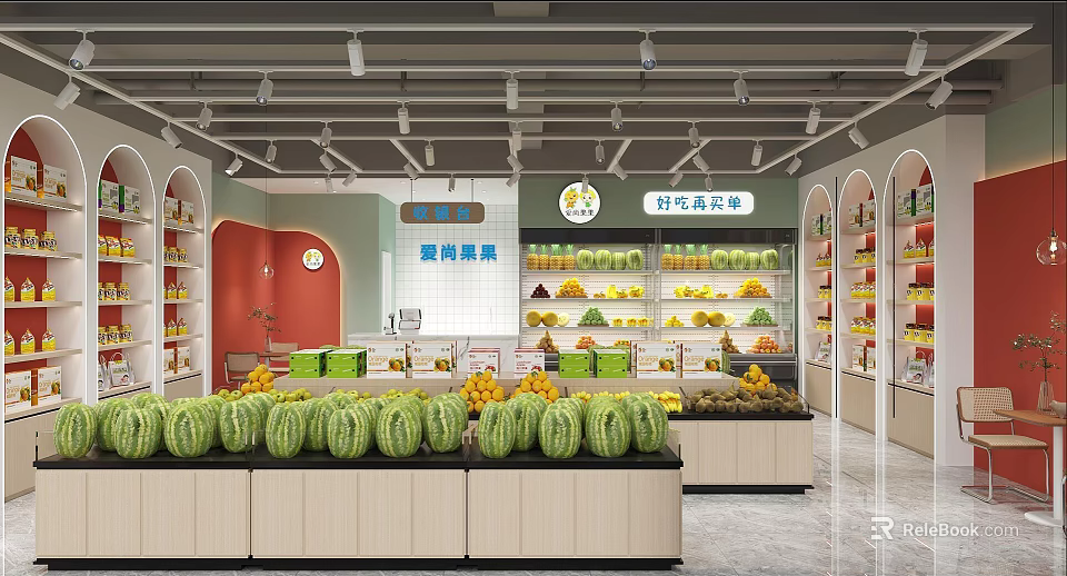 Bright Fruit Store Interior With Fresh Watermelons Cantaloupes and Various Fruits 3d model 