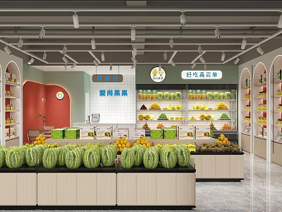 Bright Fruit Store Interior With Fresh Watermelons Cantaloupes and Various Fruits 3d model