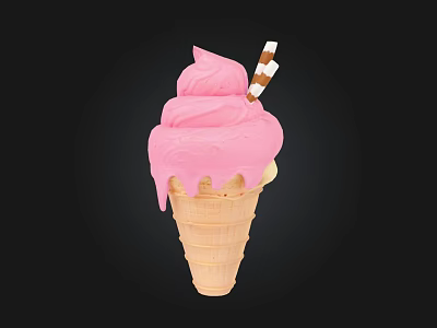 Pink Swirl Ice Cream in Waffle Cone with Striped Stick Topping 3d model