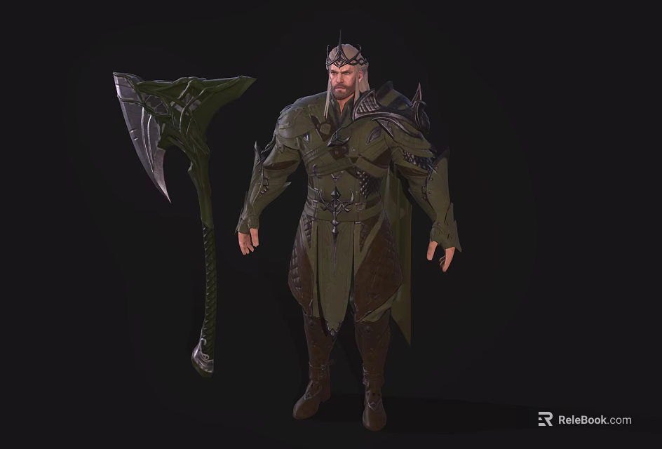 Fantasy Warrior Character In Green Ornate Armor With Helmet And Giant Axe Standing Pose 3d model 