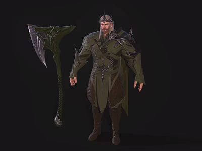Fantasy Warrior Character In Green Ornate Armor With Helmet And Giant Axe Standing Pose 3d model