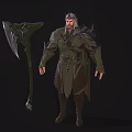 Fantasy Warrior Character In Green Ornate Armor With Helmet And Giant Axe Standing Pose