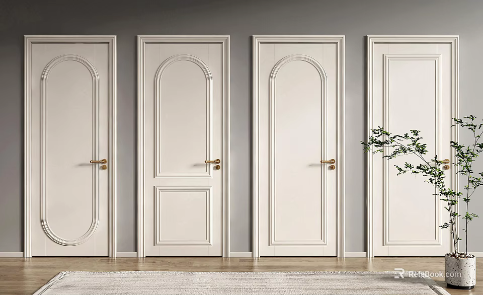 White Hinged Doors With Various Panel Designs And Gold Handles For Modern Interior 3d model 