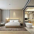 Elegant Modern Hotel Room With King Bed Gray Armchair Desk And TV