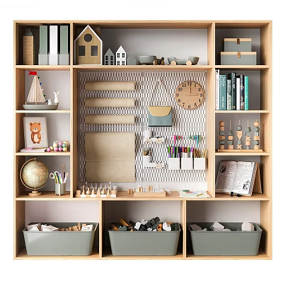 Adorable Dolls On Kids Room Bookcase With Miniature Houses Sailing Boat And Decorative Items 3d model