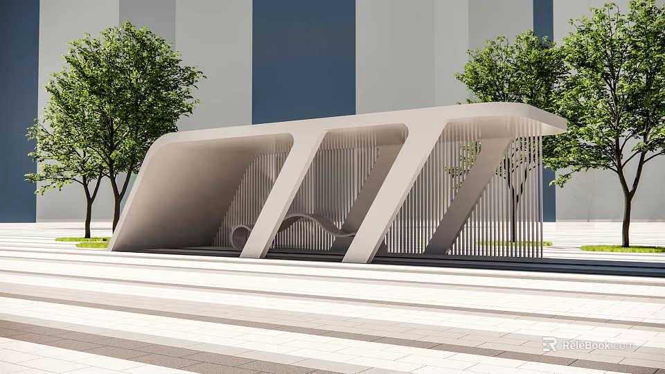 Modern Pergola With White Geometric Structure Green Trees And Paved Steps 3d model