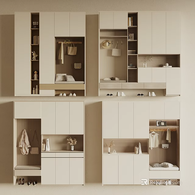 Modern Minimalist Light Toned Shoe Cabinet With Multiple Compartments Clothing Hanging Area And Decorative Vase 3d model 
