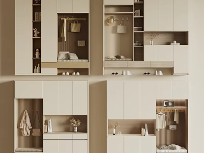 Modern Minimalist Light Toned Shoe Cabinet With Multiple Compartments Clothing Hanging Area And Decorative Vase 3d model