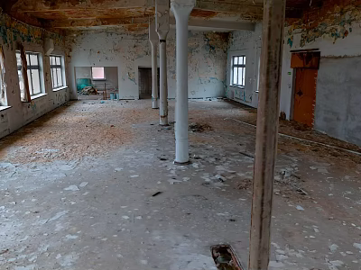 Spacious Abandoned Factory Interior With Peeling Walls Multiple Columns And Windows 3d model