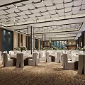 Elegant Banquet Hall With Round Tables White Chairs Floral Centerpieces Modern Lighting And Patterned Carpet