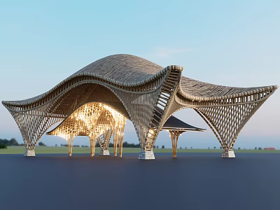 Modern Wooden Entrance Gate With Curved Canopy And Intricate Lattice Lighting Design 3d model