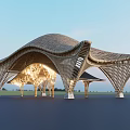 Modern Wooden Entrance Gate With Curved Canopy And Intricate Lattice Lighting Design