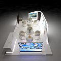 Modern Exhibition Booth Interior With White Curved Walls Round Tables Green Plants And Display Screens