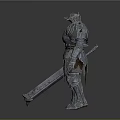 Fantasy Greatsword Weapon Held By Armored Character With Spiked Metallic Armor