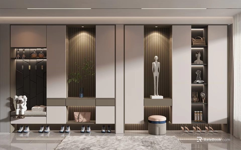 Modern Shoe Cabinet Design With Storage Space Decorative Figurines And Organized Shoes 3d model 