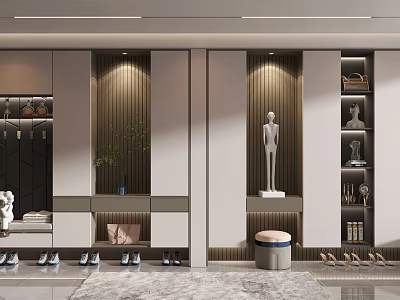 Modern Shoe Cabinet Design With Storage Space Decorative Figurines And Organized Shoes 3d model