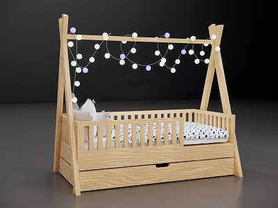 Cozy Wooden Baby Crib With Hanging String Lights And Storage Drawer 3d model