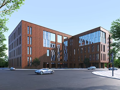 Modern Office Building With Red Brick Exterior Glass Windows And Surrounding Trees 3d model