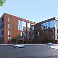 Modern Office Building With Red Brick Exterior Glass Windows And Surrounding Trees