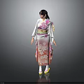 Traditional Japanese Kimono With Cherry Blossom Print And Elegant Obi Belt Pink White
