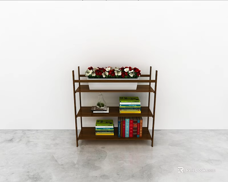 Multi tiered Brown Display Shelf With Red White Flowers Books And Small Potted Plant 3d model 