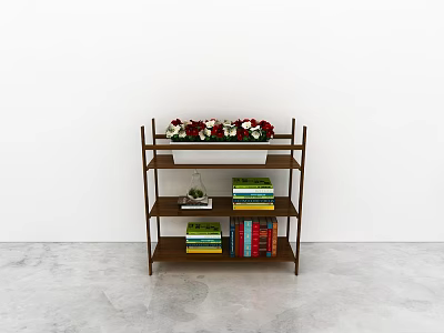 Multi tiered Brown Display Shelf With Red White Flowers Books And Small Potted Plant 3d model