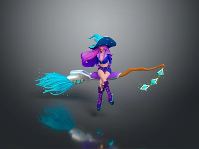 Witch Character With Purple Hair Blue Hat Riding Broomstick And Glowing Elements 3d model