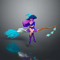 Witch Character With Purple Hair Blue Hat Riding Broomstick And Glowing Elements