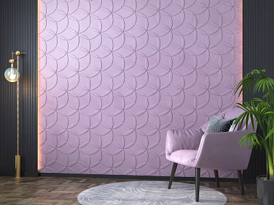Purple Embossed Pattern Background Wall With Pink Chair Floor Lamp Green Plant And Round Rug 3d model