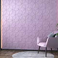 Purple Embossed Pattern Background Wall With Pink Chair Floor Lamp Green Plant And Round Rug