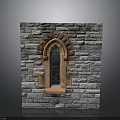 Architectural Gray Stone Wall With Arched Window And Decorative Carvings And Glass Panes