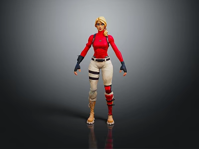 3D Female Character With Red Top Beige Pants Knee Pads And Blonde Hair In Standing Pose 3d model