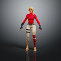 3D Female Character With Red Top Beige Pants Knee Pads And Blonde Hair In Standing Pose