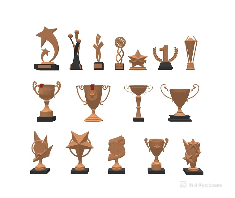 Various Trophy Awards with Different Designs Shapes Metallic Finishes and Black Bases 3d model 