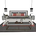 Elegant Double Bed With Gray Bedding Red Accents And Bedside Tables 3d model