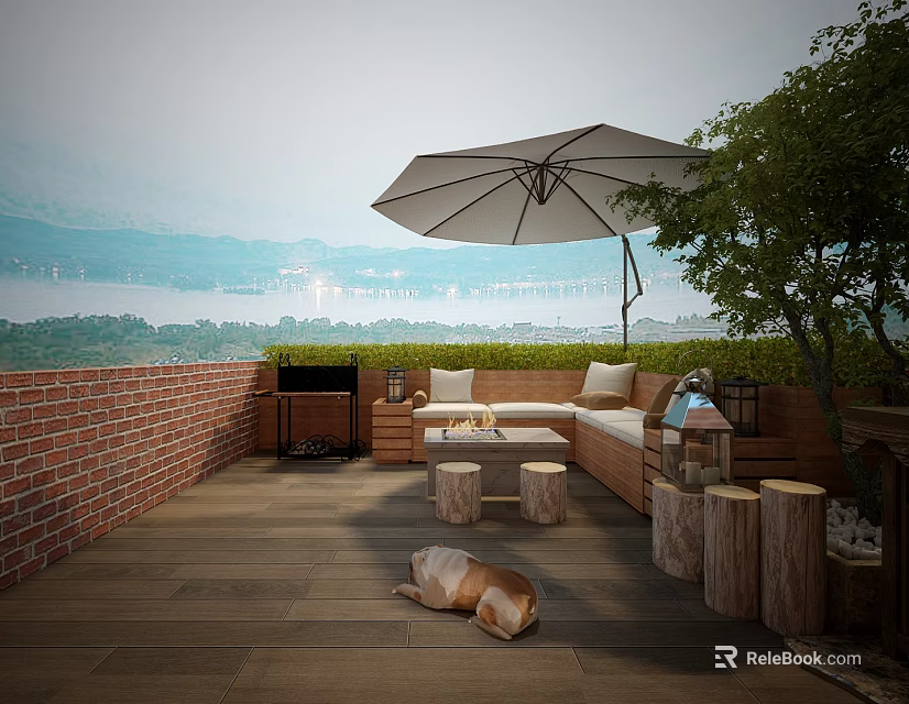 Garden Landscape Featuring Wooden Deck Umbrella Sofa Stools Brick Wall And Lake View With Dog 3d model 