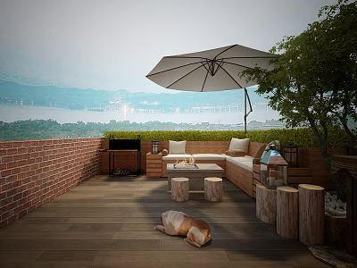 Garden Landscape Featuring Wooden Deck Umbrella Sofa Stools Brick Wall And Lake View With Dog 3d model